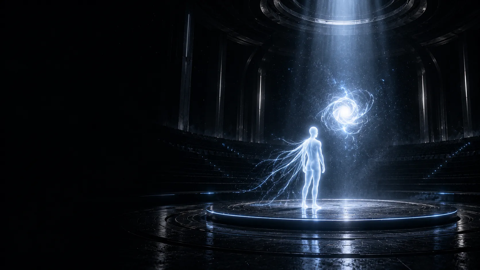 the blue man on a stage in an empty arena, a galaxy above him